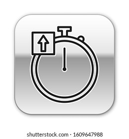 Black line Stopwatch icon isolated on white background. Time timer sign. Chronometer sign. Silver square button. Vector Illustration