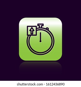Black line Stopwatch icon isolated on black background. Time timer sign. Chronometer sign. Green square button. Vector Illustration