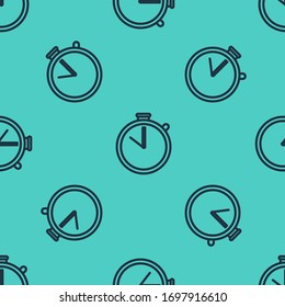Black line Stopwatch icon isolated seamless pattern on green background. Time timer sign. Chronometer sign.  Vector Illustration