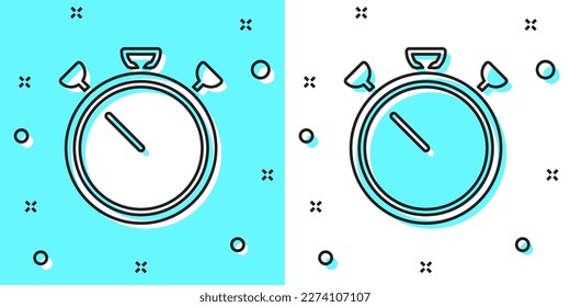 Black line Stopwatch icon isolated on green and white background. Time timer sign. Chronometer sign. Random dynamic shapes. Vector