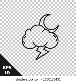 Black line Storm icon isolated on transparent background. Cloud with lightning and moon sign. Weather icon of storm.  Vector Illustration