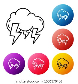 Black line Storm icon isolated on white background. Cloud and lightning sign. Weather icon of storm. Set icons colorful circle buttons. Vector Illustration