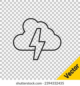 Black line Storm icon isolated on transparent background. Cloud and lightning sign. Weather icon of storm.  Vector