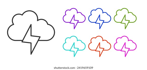 Icono de tormenta de línea negra aislado en fondo blanco. Señal de nube y relámpago. Icono meteorológico de la tormenta. Indique los iconos en colores. Vector