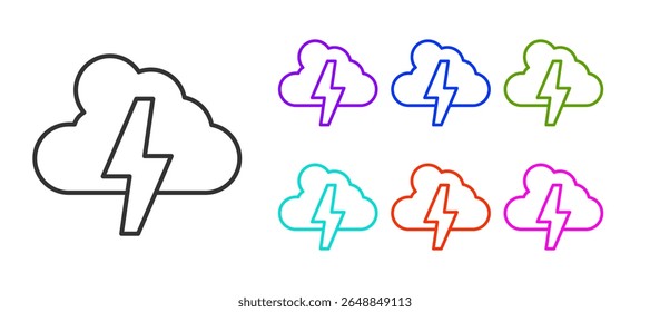 Black line Storm icon isolated on white background. Cloud and lightning sign. Weather icon of storm. Set icons colorful. Vector