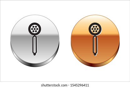 Black line Strainer spoon icon isolated on white background. Silver-gold circle button. Vector Illustration
