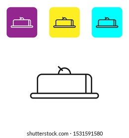 Black line Strawberry cheesecake slice with fruit topping icon isolated on white background. Set icons colorful square buttons. Vector Illustration