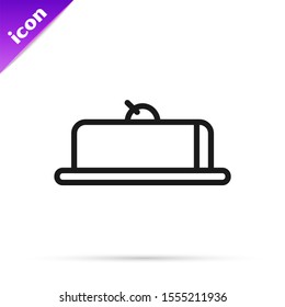 Black line Strawberry cheesecake slice with fruit topping icon isolated on white background.  Vector Illustration
