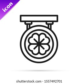 Black line Street signboard with four leaf clover icon isolated on white background. Suitable for advertisements bar, cafe, pub.  Vector Illustration