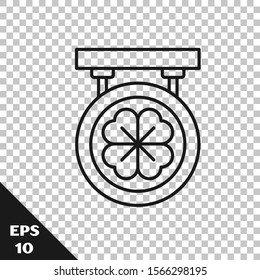 Black line Street signboard with four leaf clover icon isolated on transparent background. Suitable for advertisements bar, cafe, pub.  Vector Illustration