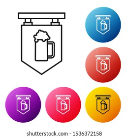Black line Street signboard with glass of beer icon isolated on white background. Suitable for advertisements bar, cafe, pub, restaurant. Set icons colorful circle buttons. Vector Illustration