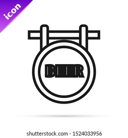Black line Street signboard with inscription Beer icon isolated on white background. Suitable for advertisements bar, cafe, pub, restaurant.  Vector Illustration