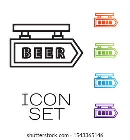 Black line Street signboard with inscription Beer icon isolated on white background. Suitable for advertisements bar, cafe, pub, restaurant. Set icons colorful. Vector Illustration
