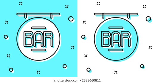 Black line Street signboard with inscription Bar icon isolated on green and white background. Suitable for advertisements bar, cafe, restaurant. Random dynamic shapes. Vector Illustration
