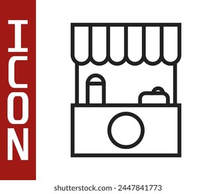 Black line Street stall with awning and wooden rack icon isolated on white background. Kiosk with wooden rack.  Vector Illustration