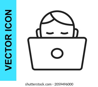 Black line Student working at laptop icon isolated on white background. Workplace concept.  Vector