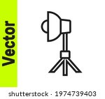 Black line Studio light bulb in softbox icon isolated on white background. Shadow reflection design.  Vector