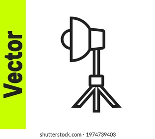 Black line Studio light bulb in softbox icon isolated on white background. Shadow reflection design.  Vector