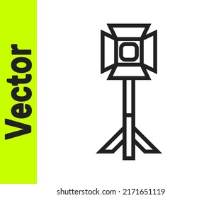Black line Studio light bulb in softbox icon isolated on white background. Shadow reflection design.  Vector