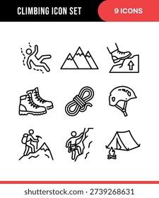 Black Line Style Climbing Icon Set with Equipment and People in Various Poses