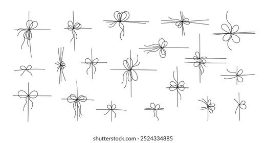 Black line style gift ribbon bows set isolated on white background. Doodle line style gift box ribbon bows in a thin, simple, minimal hand drawn design for elegant festive present decoration.