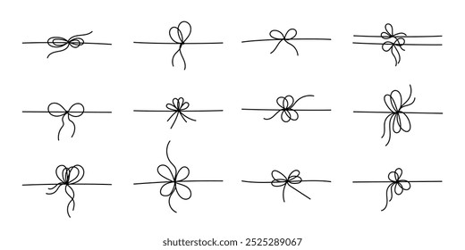 Black line style gift ribbon bows set isolated on white background. Doodle line style gift box ribbon bows in a thin, simple, minimal hand drawn design for elegant festive present decoration.