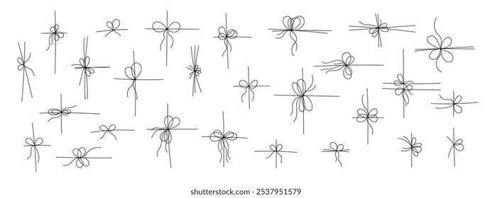 Black line style gift ribbon bows set isolated on white background. Doodle line style gift box ribbon bows in a thin, simple, minimal hand drawn design for elegant festive present decoration.