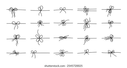 Black line style gift ribbon bows set isolated on white background. Doodle line style gift box ribbon bows in a thin, simple, minimal hand drawn design for elegant festive present decoration.