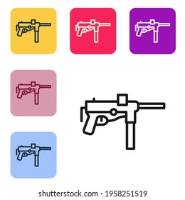 Subcañón M3 de línea negra, icono de pistola de grasa aislado en fondo blanco. Establezca iconos en los botones cuadrados de color. Vector