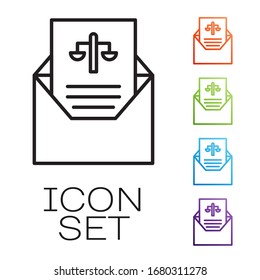 Black line Subpoena icon isolated on white background. The arrest warrant, police report, subpoena. Justice concept. Set icons colorful. Vector Illustration