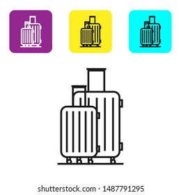 Black line Suitcase for travel icon isolated on white background. Traveling baggage sign. Travel luggage icon. Set icons colorful square buttons. Vector Illustration