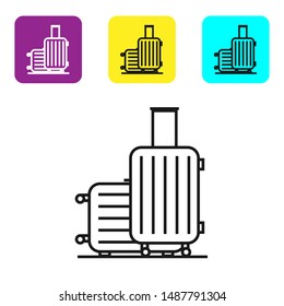 Black line Suitcase for travel icon isolated on white background. Traveling baggage sign. Travel luggage icon. Set icons colorful square buttons. Vector Illustration