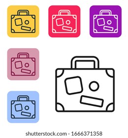 Black line Suitcase for travel icon isolated on white background. Traveling baggage sign. Travel luggage icon. Set icons in color square buttons. Vector Illustration