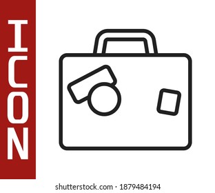 Black line Suitcase for travel icon isolated on white background. Traveling baggage sign. Travel luggage icon.  Vector