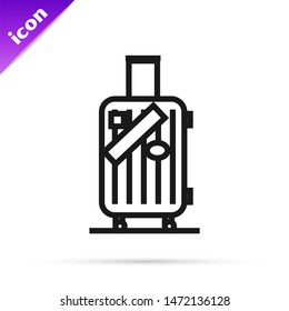 Black line Suitcase for travel and stickers icon isolated on white background. Traveling baggage sign. Travel luggage icon.  Vector Illustration
