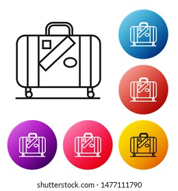 Black line Suitcase for travel and stickers icon isolated on white background. Traveling baggage sign. Travel luggage icon. Set icons colorful circle buttons. Vector Illustration