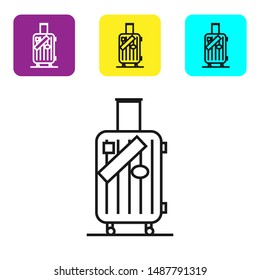Black line Suitcase for travel and stickers icon isolated on white background. Traveling baggage sign. Travel luggage icon. Set icons colorful square buttons. Vector Illustration