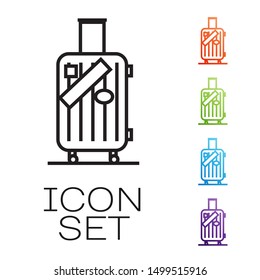 Black line Suitcase for travel and stickers icon isolated on white background. Traveling baggage sign. Travel luggage icon. Set icons colorful. Vector Illustration