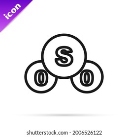 Schwarze Linie Schwefeldioxid SO2 Gasmolekül Symbol einzeln auf weißem Hintergrund. Strukturchemische Formel und Molekül-Modell.  Vektorgrafik