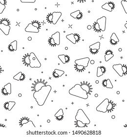 Black line Sun and cloud weather icon isolated seamless pattern on white background.  Vector Illustration
