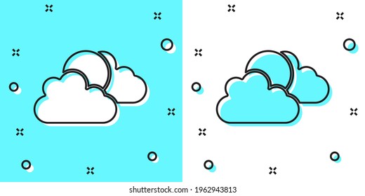 Línea negra Icono del sol y el clima de la nube aislados en fondo verde y blanco. Formas dinámicas aleatorias. Vector