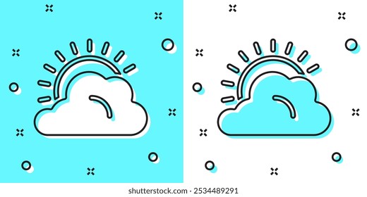Black line Sun and cloud weather icon isolated on green and white background. Random dynamic shapes. Vector