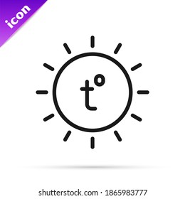 Icono Sun de línea negra aislado en fondo blanco. Símbolo de verano. Buen día soleado.  Vector