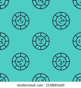 Icono de Sun de línea negra aislado patrón sin fisuras sobre fondo verde.  Vector