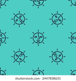 Black line Sun icon isolated seamless pattern on green background.  Vector