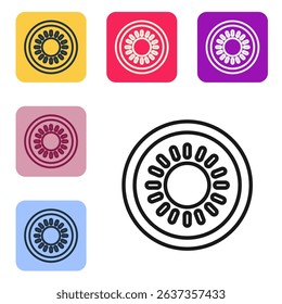 Black line Sun icon isolated on white background. Summer symbol. Good sunny day. Set icons in color square buttons. Vector