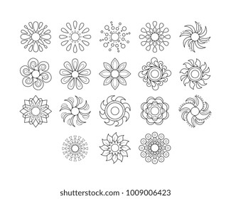 Black line sun icon set. Abstract contour circular decorative element