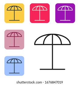 Black line Sun protective umbrella for beach icon isolated on white background. Large parasol for outdoor space. Beach umbrella. Set icons in color square buttons. Vector Illustration