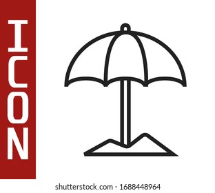 Black line Sun protective umbrella for beach icon isolated on white background. Large parasol for outdoor space. Beach umbrella.  Vector Illustration