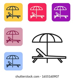 Black line Sunbed icon isolated on white background. Beach umbrella and Sun lounger. Set icons in color square buttons. Vector Illustration